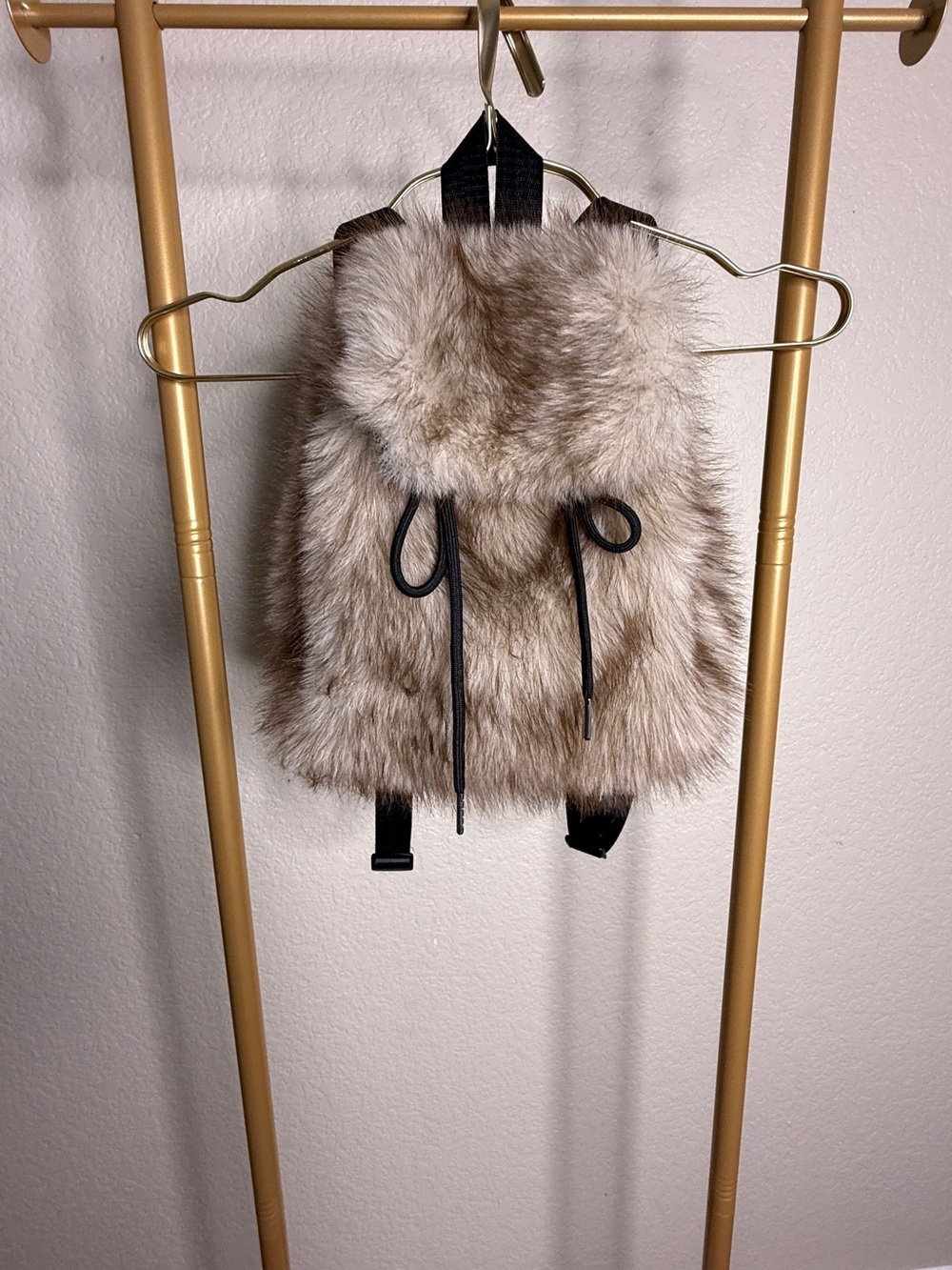 Faux Fur Drawstring Backpack - Taupe Brown